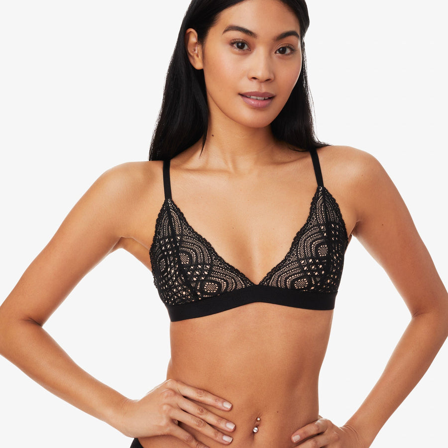 Fiesta recycled satin triangle bralette with lace detail black